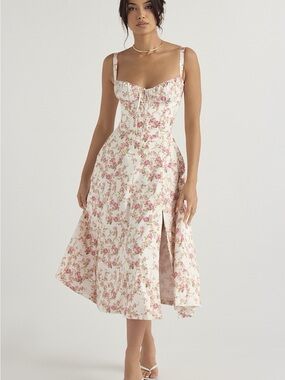 & Other Stories Cream Midi Dress with Pink Floral Print